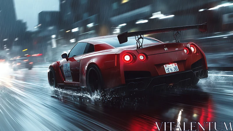 Photorealistic red GT-R race car in cinematic night rain scene.