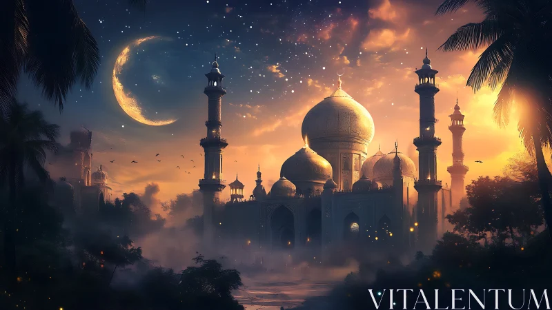 Domed palace and minarets under crescent moon at dusk.