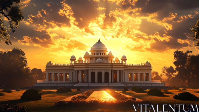 Neoclassical palace rendered in warm volumetric sunset backlight