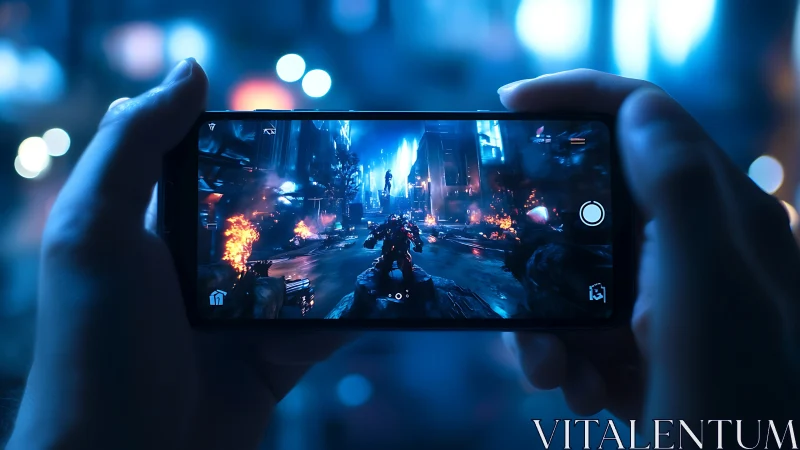 Neon battlefield cradled in a gamer’s midnight grip.