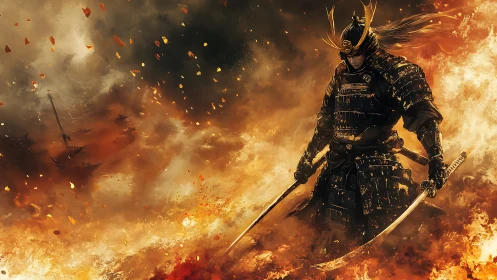 Samurai warrior in burning battlefield storm of fire.