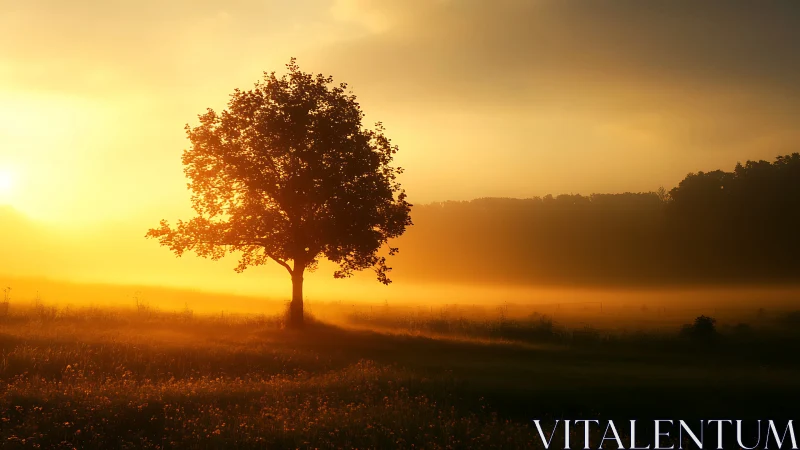 Golden hour meadow tree in atmospheric landscape composition.