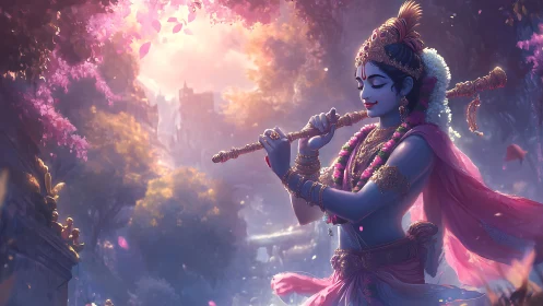 Ornate blue-skinned figure playing flute in forest scene.