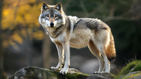 Grey wolf standing on rocks in a forest environment.