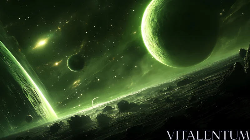 Emerald exoplanetary system glows above fractured alien terrain