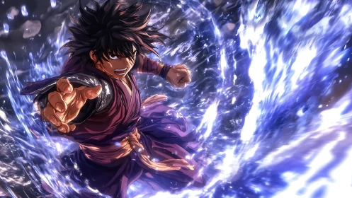 Water-wielding anime warrior lunges through spiraling torrent.