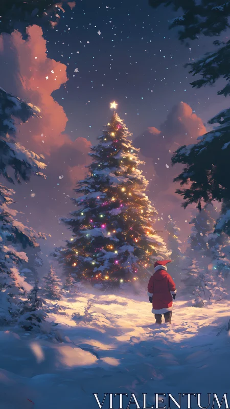 Snowy forest Christmas tree with glowing lights at dusk.