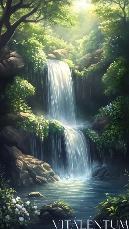 Layered forest cataract with luminous volumetric lighting.