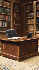 Mahogany mindscape in a book-lined law library office.