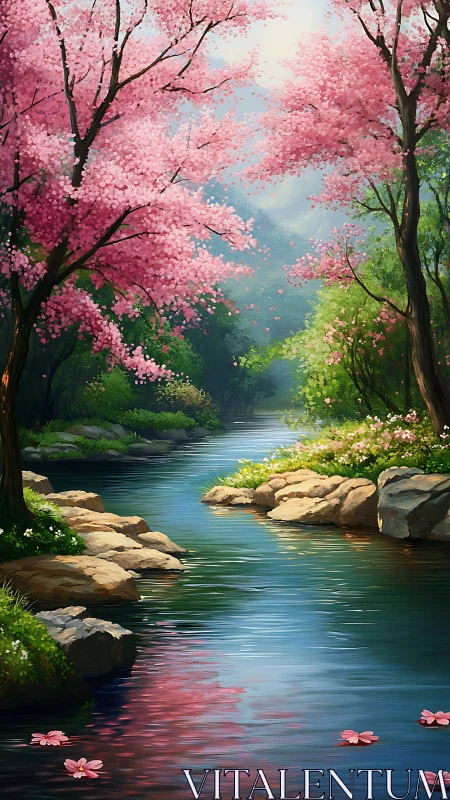 Spring river winds beneath blooming pink cherry trees