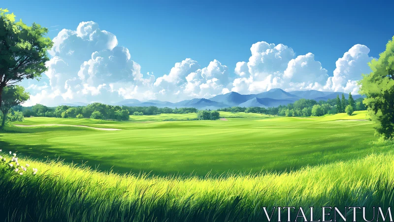 Digital landscape of green field, distant hills and clouds.