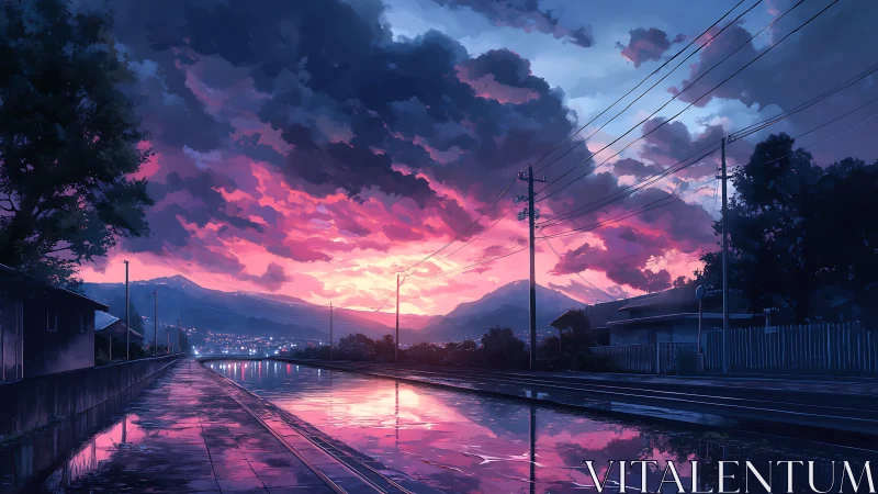 Gentle sunset reflections along quiet rainy train tracks.