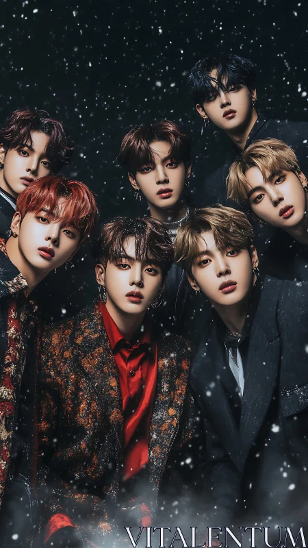 Seven-member male group portrait in stylized snowfall.