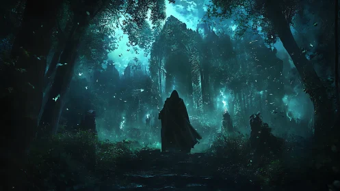 Cloaked wanderer enters glowing ruins in haunted forest.