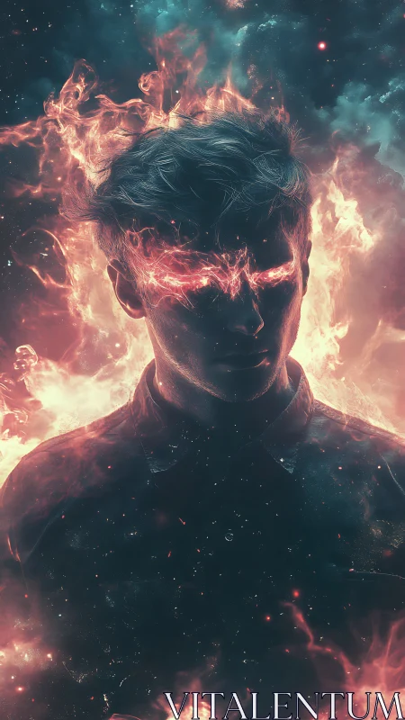 Cosmic fire-eyed figure glowing in a storm of stardust.