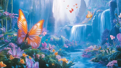 Luminous butterflies drift above crystal waterfalls garden.