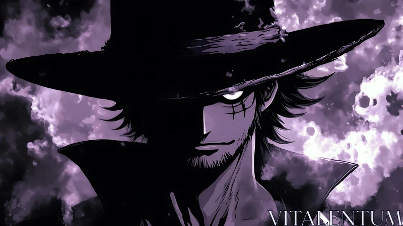 Stormlit gunslinger in shadowed hat and violet smoke stare.