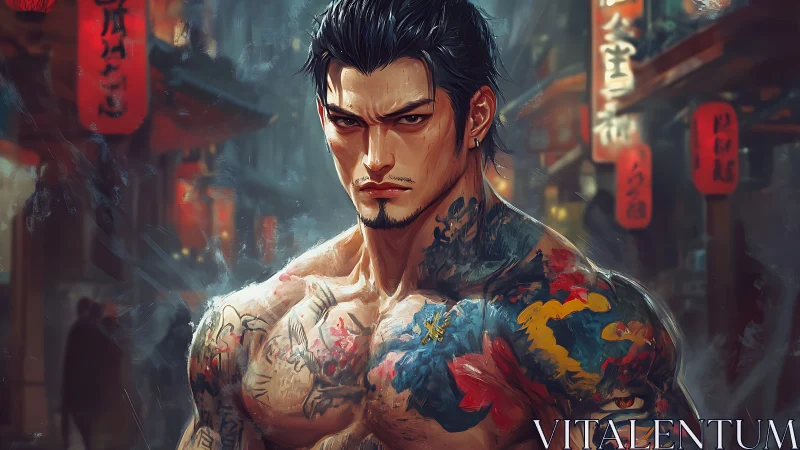 Tattooed male figure stands in lantern-lit urban alleyway