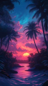 Neon-lit tropical lagoon sunset with saturated cyan-magenta sky gradients
