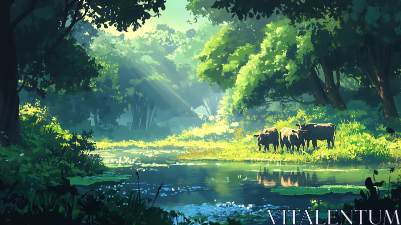 Luminous forest clearing with river and grazing wildlife illuminated by atmospheric light.