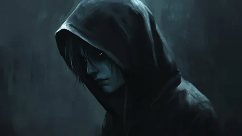Hooded figure in low key teal lighting with glowing eyes