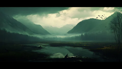 Mist-draped valley lagoon hums quietly beneath brooding peaks