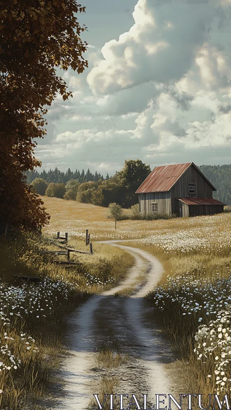 Sunlit country lane curves gently toward a quiet farmhouse