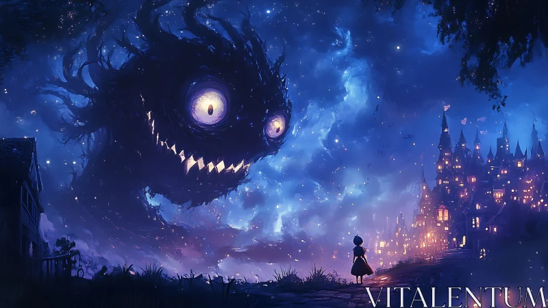 Giant shadow monster looms above glowing fairytale town.