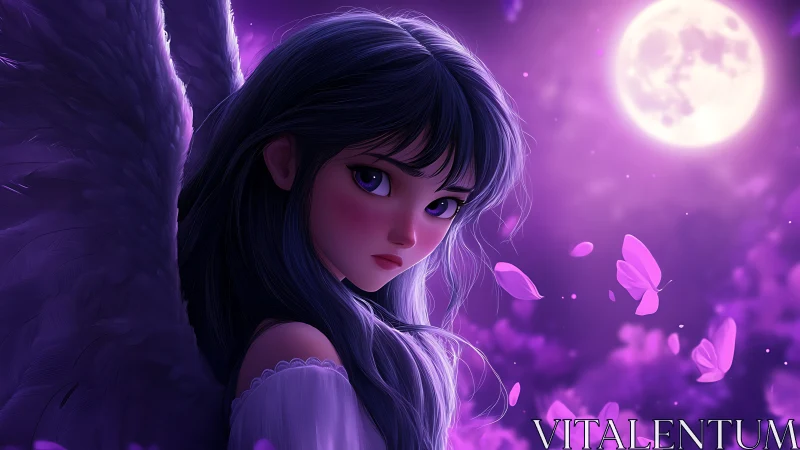 Moonlit violet angel girl gazes over shoulder amid butterflies