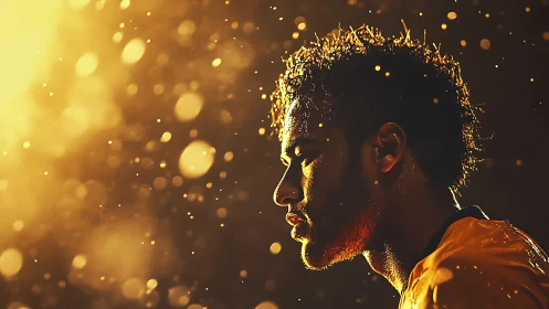 Side-lit athlete portrait with golden bokeh backlighting aesthetics.