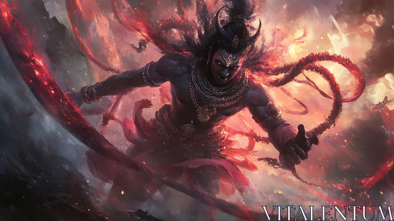 Mythic war deity in incandescent vortex of combustion fury.