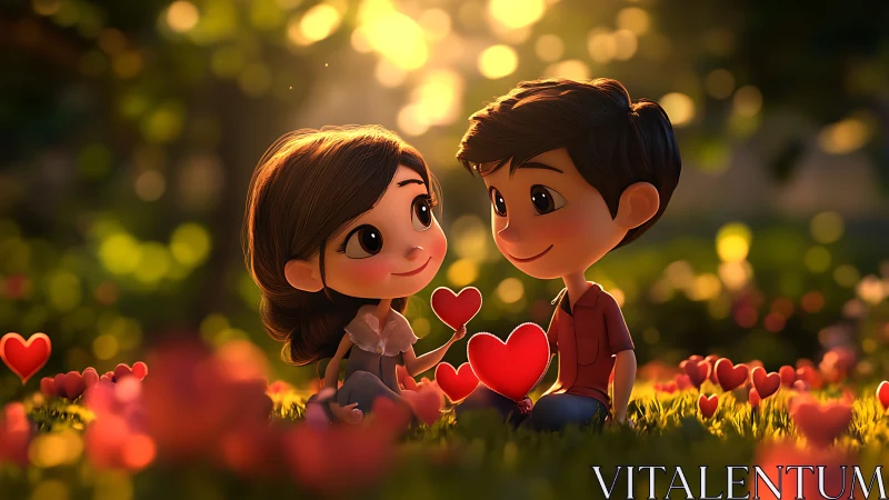 Two animated children exchange red heart symbols in a flower-filled garden