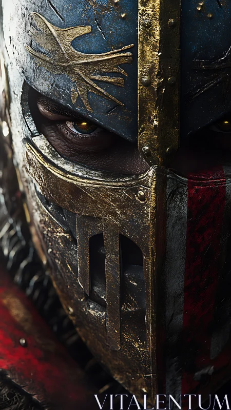 Battle-scarred knight helmet close-up with burning eyes.