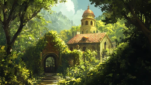 Digital painting of overgrown hillside chapel with tiled dome.