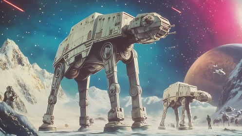 Giant sci fi walkers advance across a frozen alien battlefield