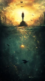 Silhouette over flooded city beneath glowing cosmic sky.