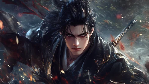 Dynamic samurai portrait in cinematic digital painting style.