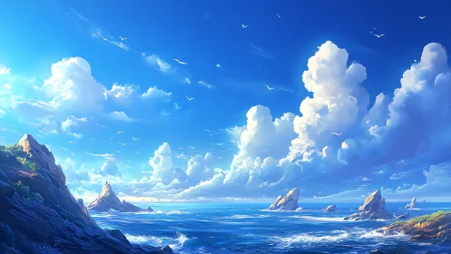 Bright rocky coastline under towering summer clouds.