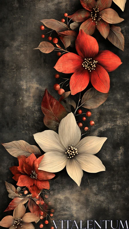 Botanical arrangement with red and cream flowers on dark textured surface.