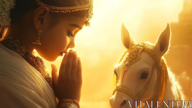 Girl in prayer beside white horse under golden light glow