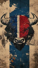 Grunge-textured bison portrait aligned with tricolor vertical stripe