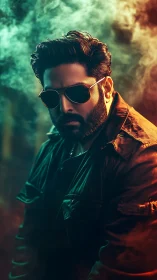 Cinematic low‑key portrait with bicolor smoke and hard rim lighting