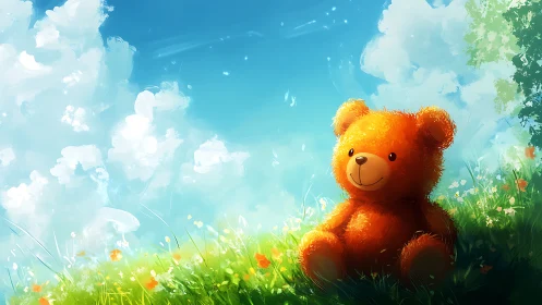 Orange teddy bear sitting in bright summer meadow.