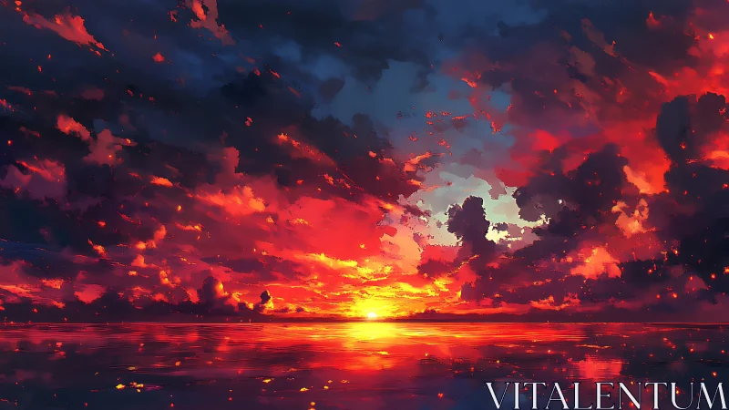 Fiery ocean horizon beneath luminous digital sunset sky.