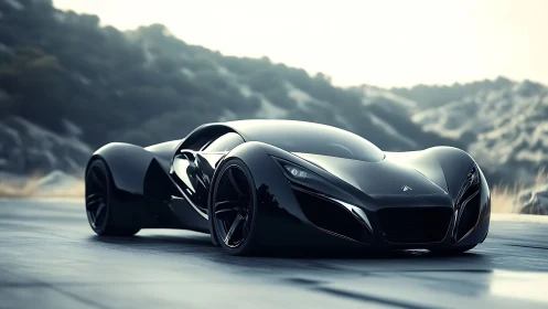 Midnight concept hypercar lounges beneath misty ridgelines