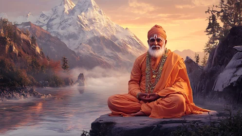 Photorealistic Himalayan sage portrait in meditative symmetry.