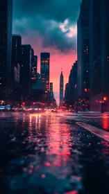 Rain-lit city street glowing under a dreamy neon dusk.