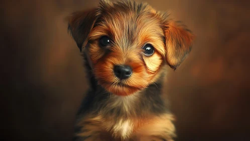 Digital portrait of brown puppy against warm studio backdrop.
