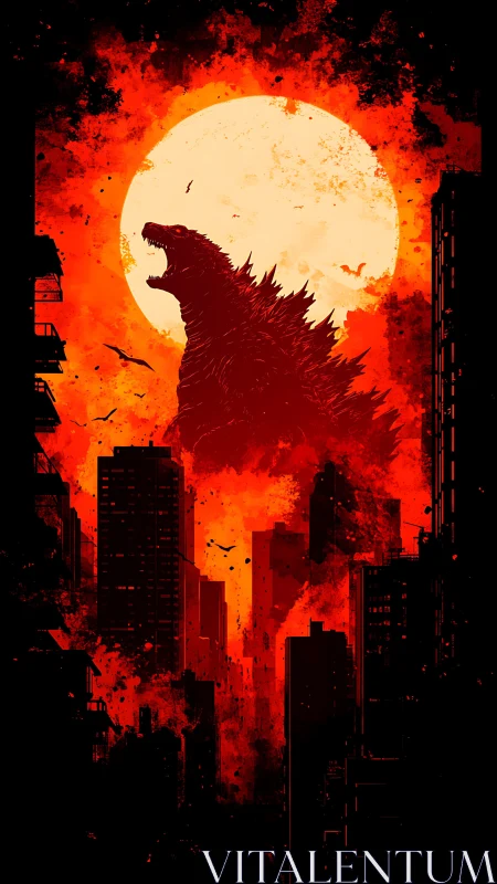 Roaring kaiju silhouette blazing against a burning moon.