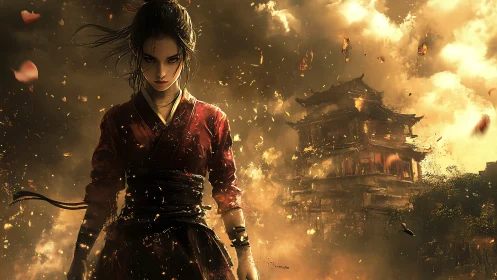 Warrior in red kimono advances before burning feudal fortress